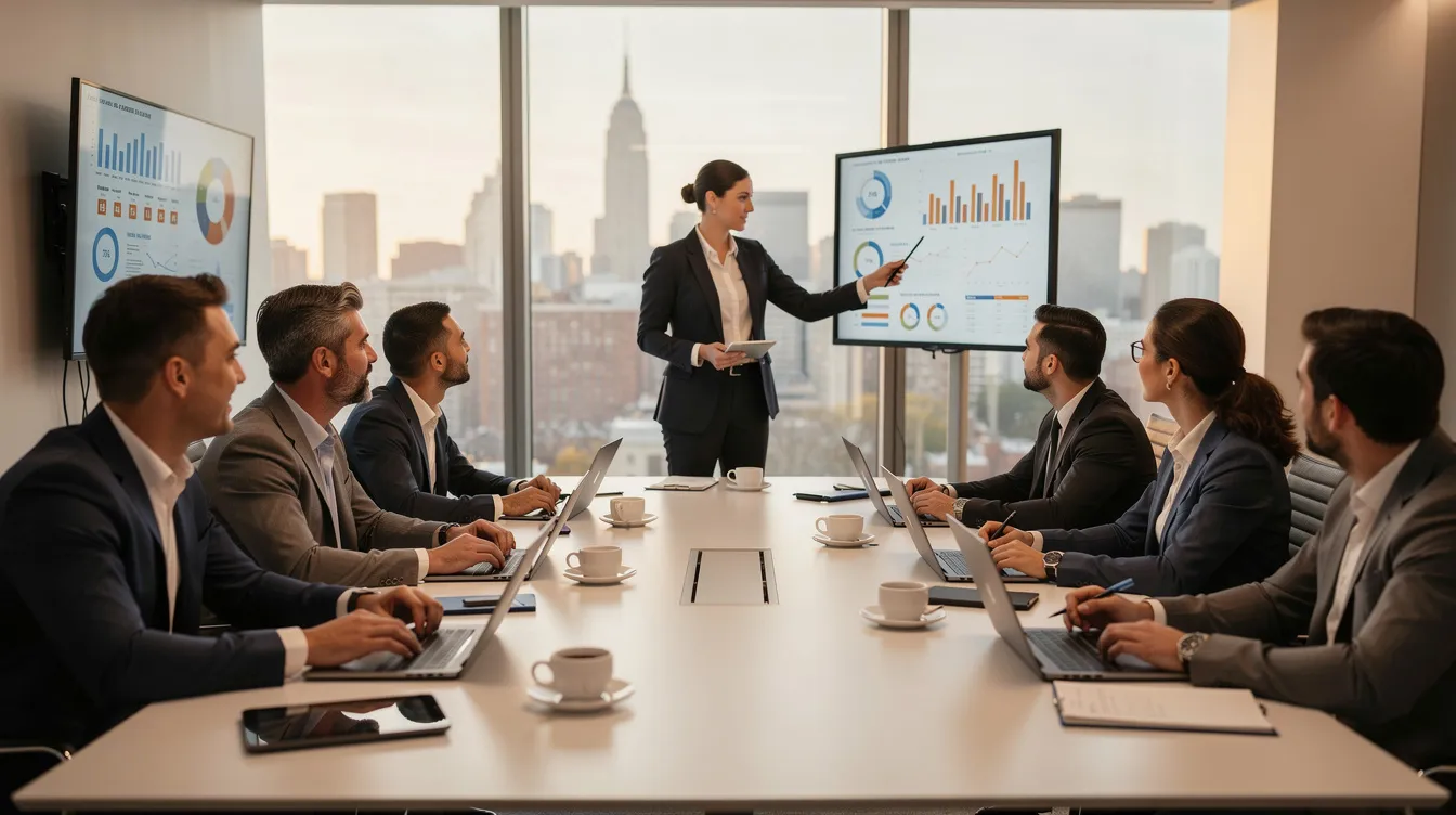 A woman presents charts on a wall screen to a team seated with laptops around a conference table