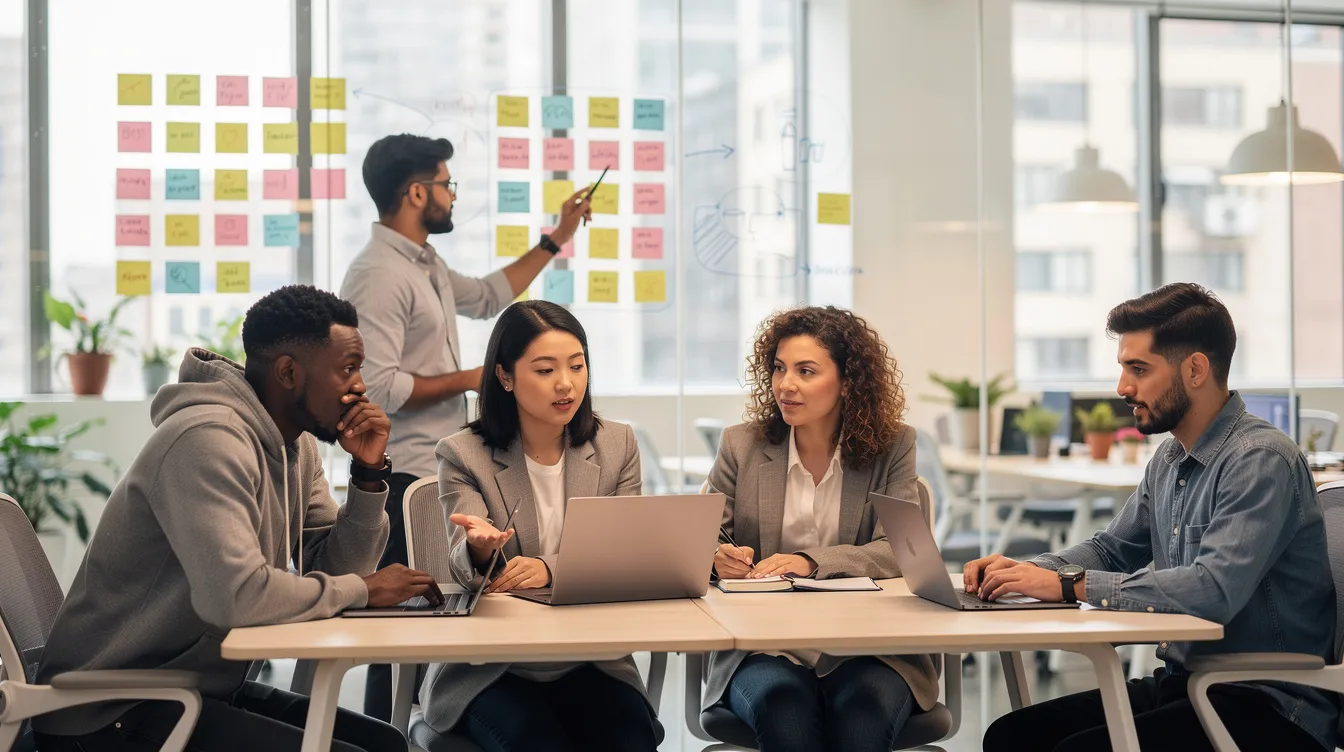 A team working on laptops in a bright coworking space, sticky notes on a glass wall behind them