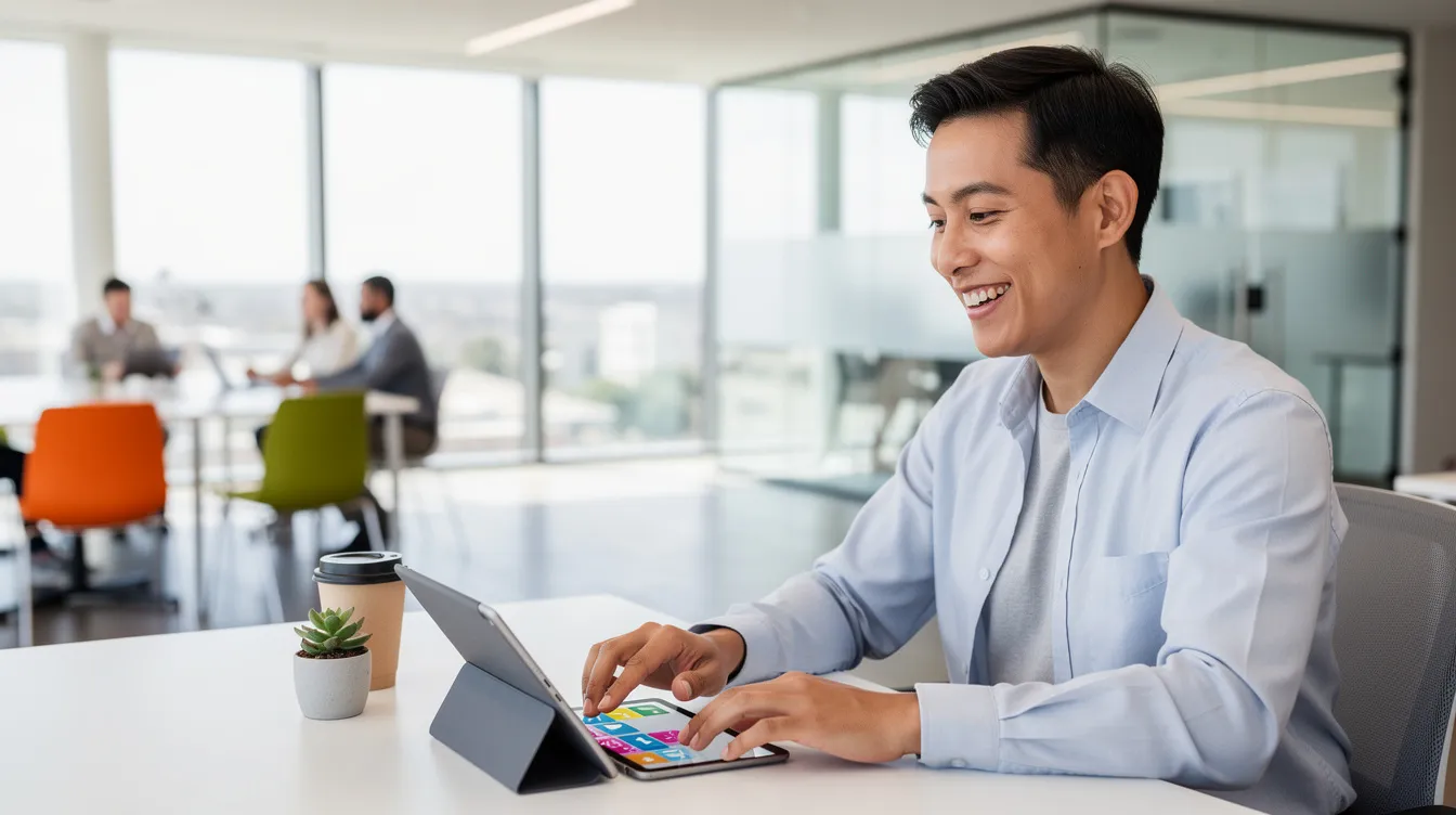 Smiling person in an open office building an app on a tablet with a colorful block interface