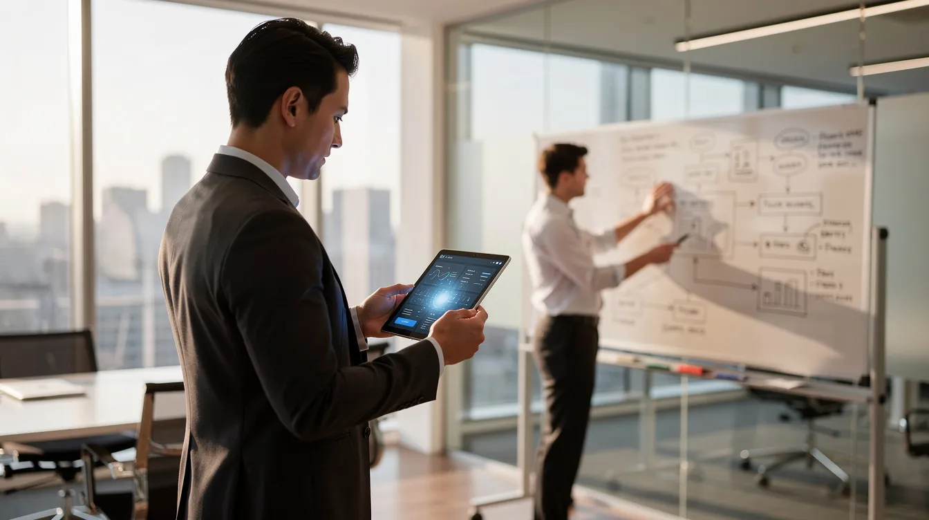 A man in a suit reads a tablet while a colleague sketches a flowchart on a whiteboard in a glass-walled office