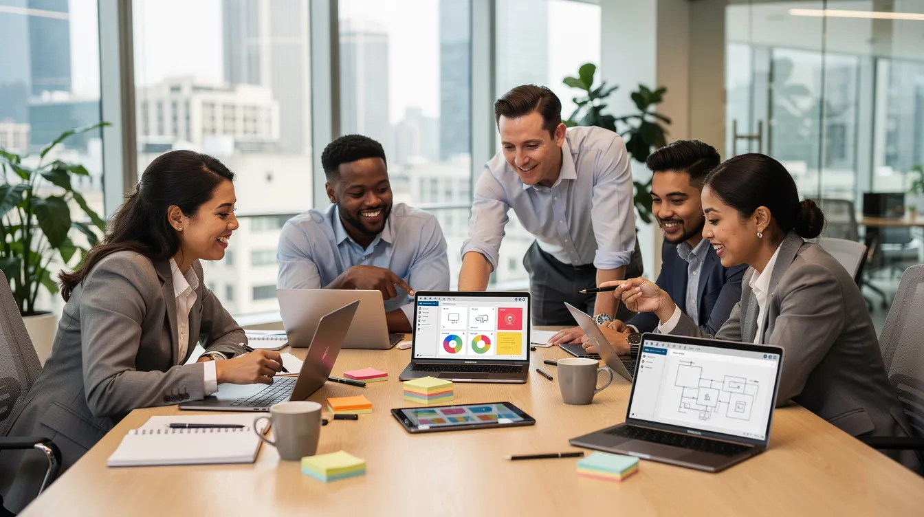 Team of colleagues working together around a table with laptops and a tablet in a bright office