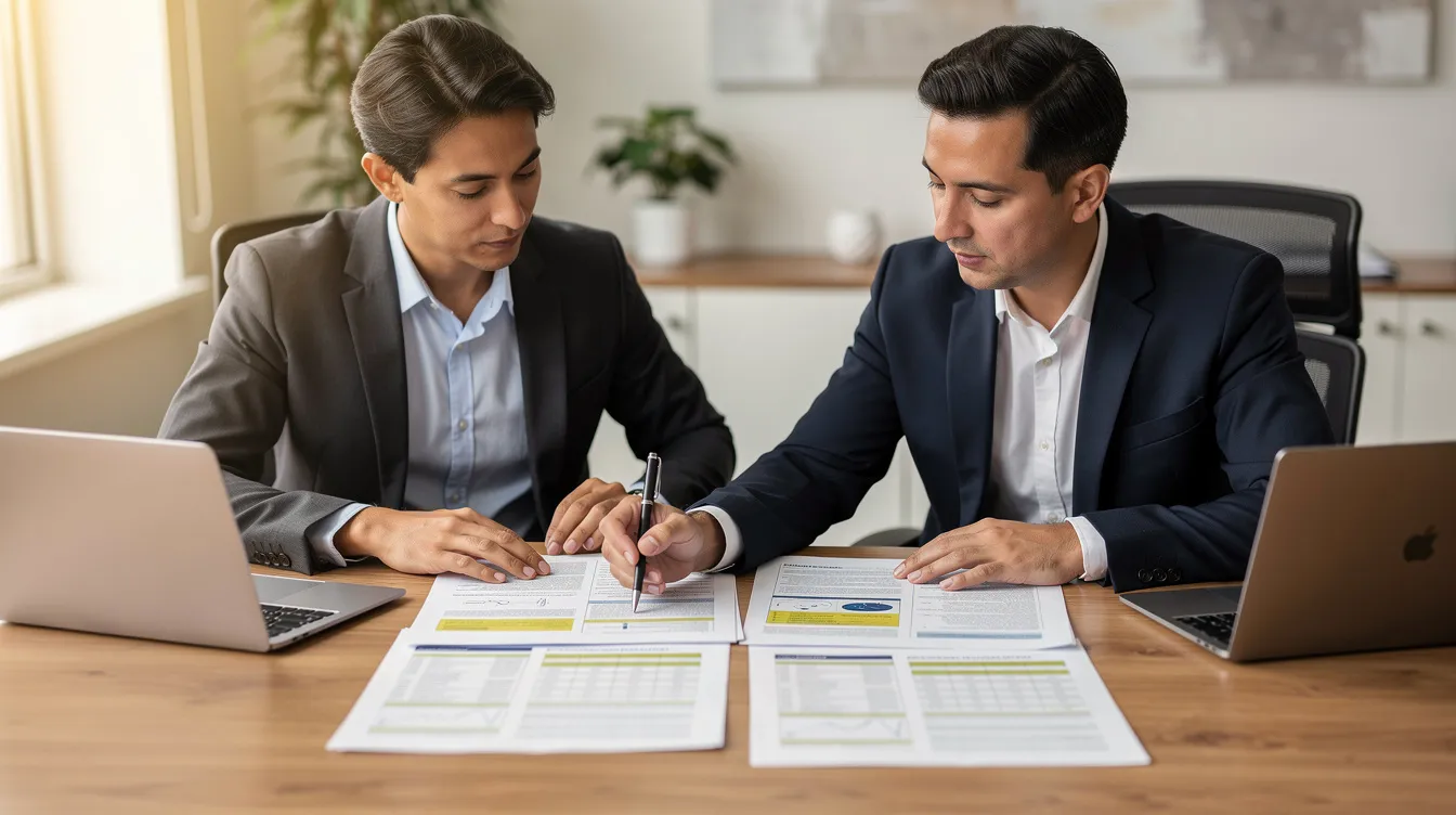 Two people at a desk comparing printed documents with charts, pen in hand, laptops open beside them