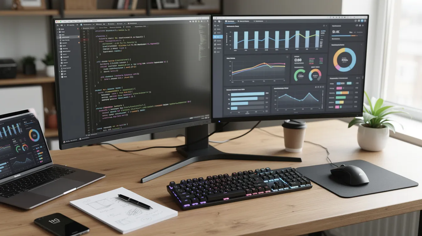 Developer desk with two monitors, one showing code and one showing a dashboard