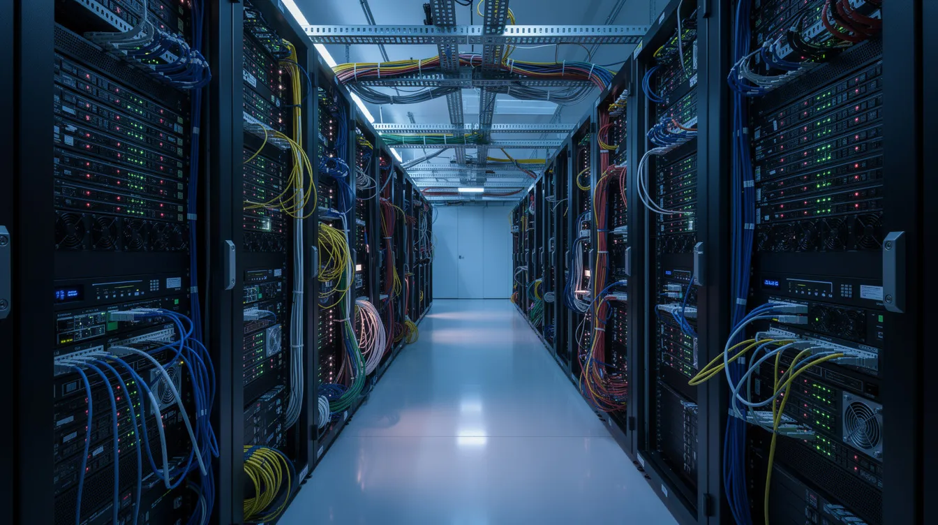 Server room aisle lined with racks of blinking servers and network cables