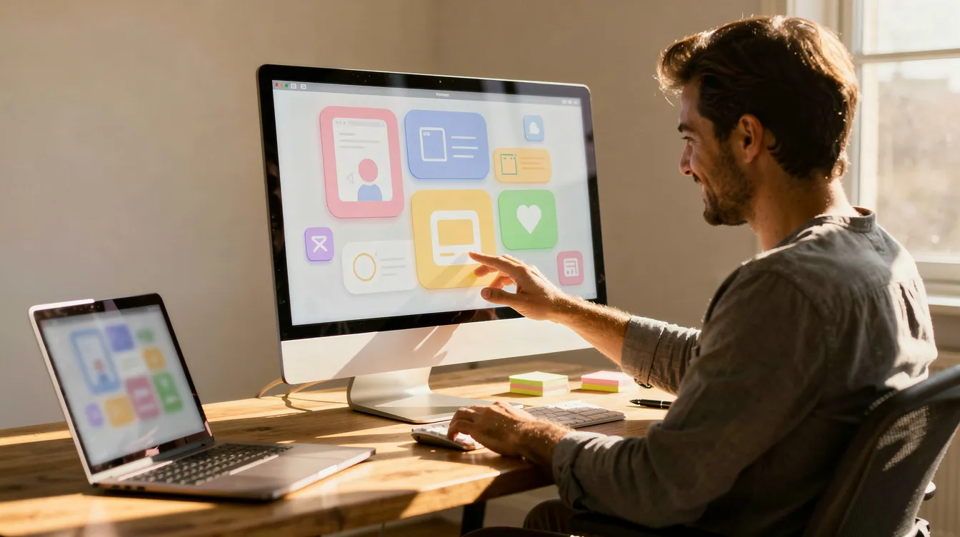 Person at a sunny wooden desk arranging colorful app blocks on a large monitor, with a laptop and sticky notes beside it