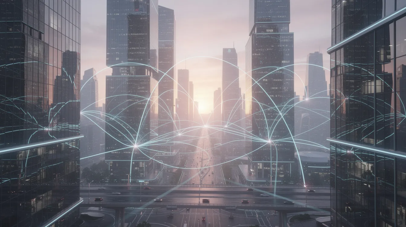 A futuristic city at dawn with buildings linked by glowing network lines