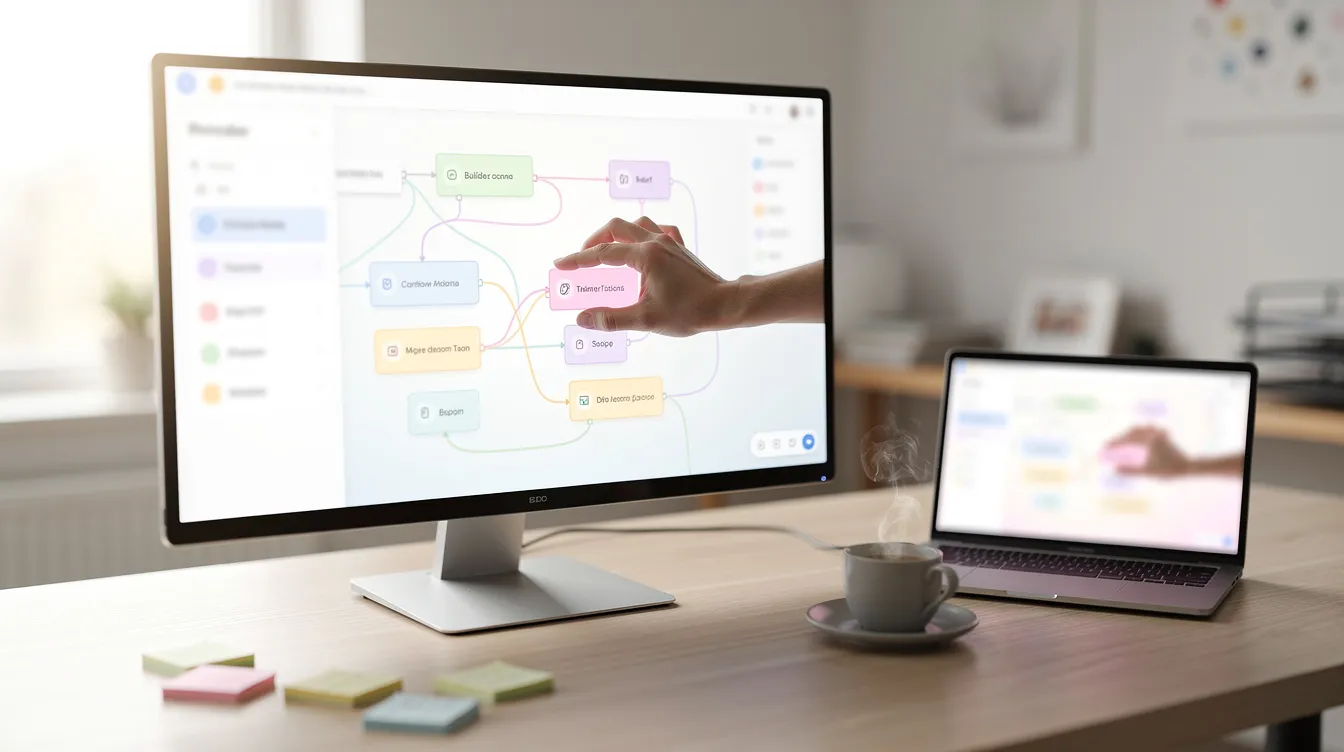 Hand arranging connected workflow blocks in a visual app builder on a desktop monitor, laptop beside it