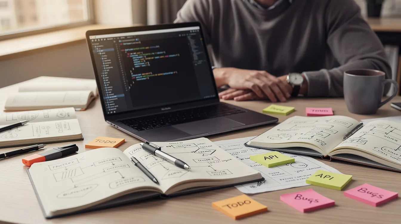 Desk with a laptop, open notebooks full of flow sketches and sticky notes reading TODO, API and Bugs