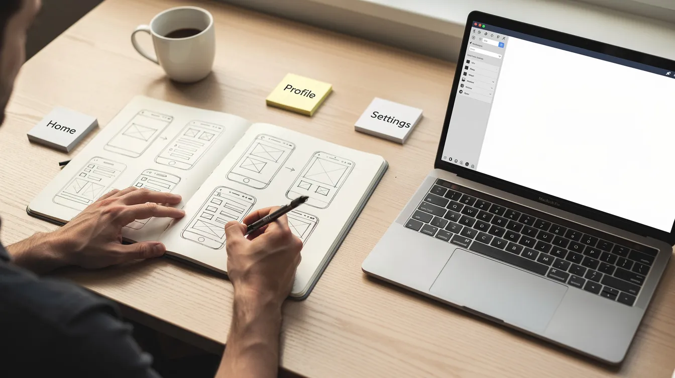 Person sketching app wireframes in a notebook next to a laptop