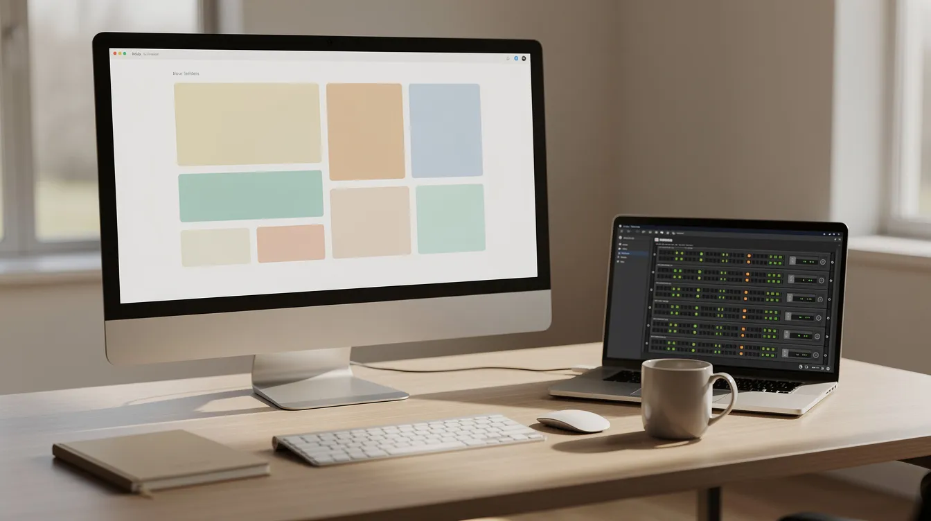 Desk with a large monitor showing a colorful block website layout and a laptop showing a server status panel