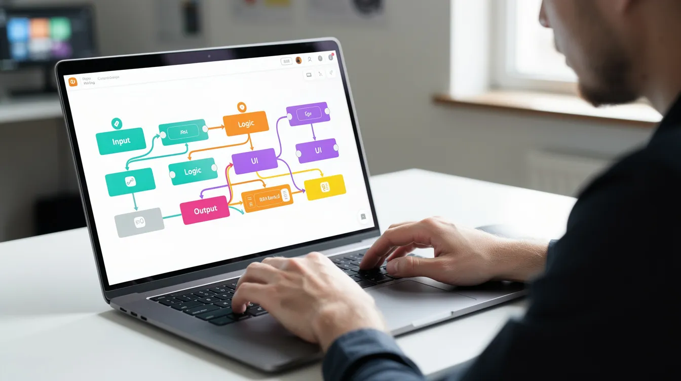 Person typing on a laptop that shows a visual workflow of connected input, logic, UI and output blocks