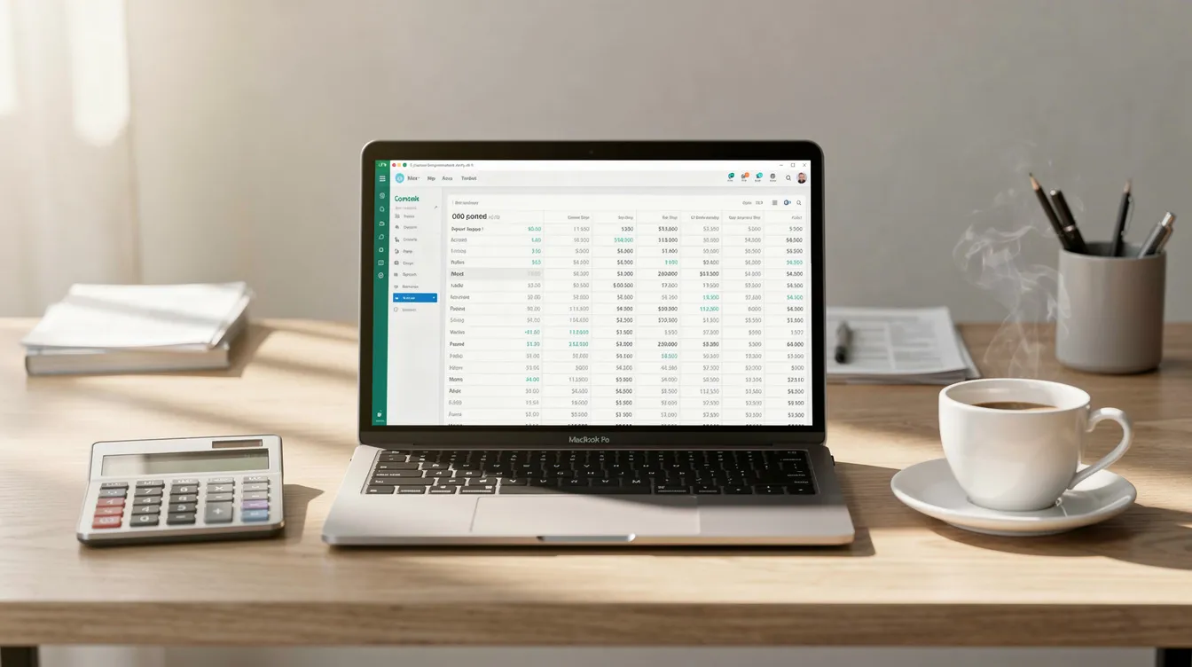 Laptop showing a budget spreadsheet on a wooden desk next to a calculator and a cup of coffee