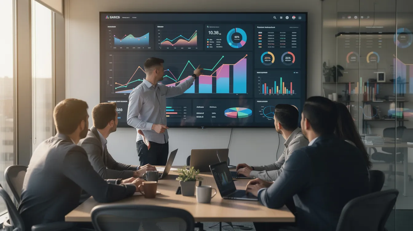 Team around a meeting table watching a colleague present an analytics dashboard with charts on a wall screen